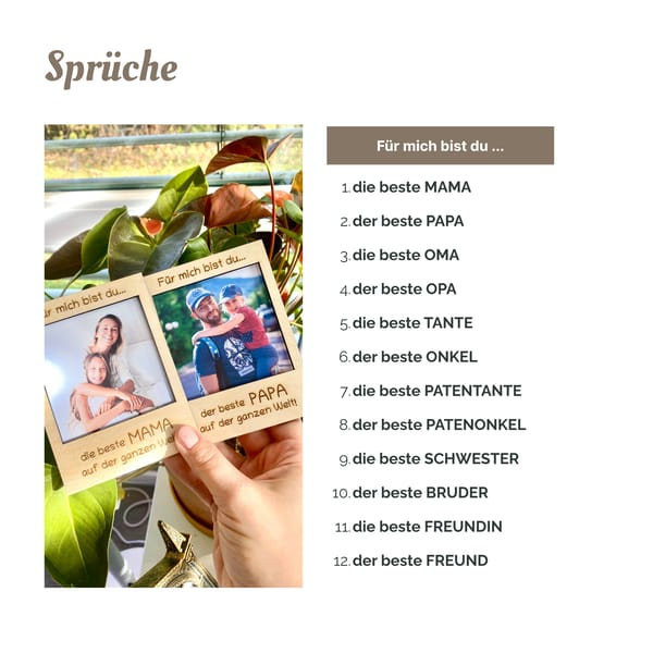 Polaroid Holzrahmen – Für mich bist du – Geschenk für beste Mama/Papa/Oma/Opa – personalisierter Fotorahmen aus Holz – optionaler Standfuß