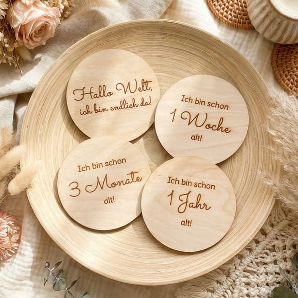 Meilensteinkarten Baby aus Holz rund | 13-teiliges Set | Baby Meilensteine 1–12 Monate | Babyfoto Requisite | Geschenk zur Geburt