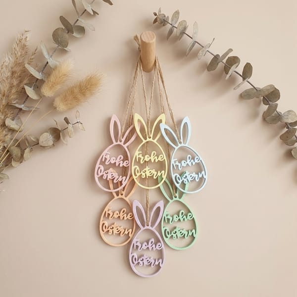 Osteranhänger Osterei „Frohe Ostern“ 3D gedruckt | Hasenohren Anhänger | Frühlingsdeko in Pastell | Geschenkanhänger Osterkorb