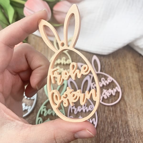 Osteranhänger Osterei „Frohe Ostern“ 3D gedruckt | Hasenohren Anhänger | Frühlingsdeko in Pastell | Geschenkanhänger Osterkorb