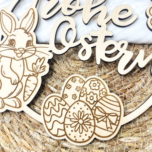 Osterkranz Holz Frohe Ostern, Türkranz Osterhase, Fensterbild Ostern, Holz Anhänger Osterdeko