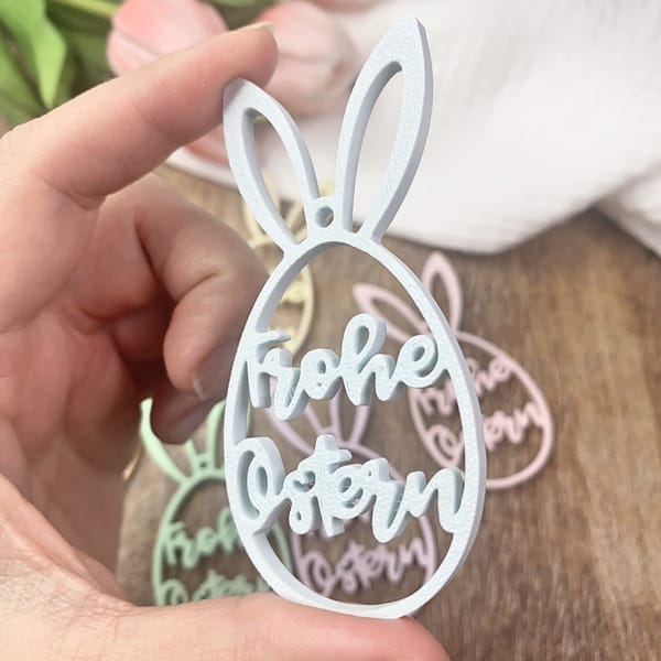 Osteranhänger Osterei „Frohe Ostern“ 3D gedruckt | Hasenohren Anhänger | Frühlingsdeko in Pastell | Geschenkanhänger Osterkorb