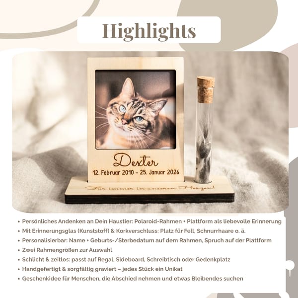 Polaroid Rahmen Holz mit Gravur und Erinnerungsglas | Haustier Fell Andenken Hund Katze | Trauergeschenk personalisiert