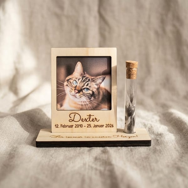Polaroid Rahmen Holz mit Gravur und Erinnerungsglas | Haustier Fell Andenken Hund Katze | Trauergeschenk personalisiert