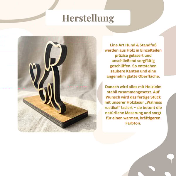 Line Art Hund aus Holz mit Holzplattform – moderne Hunde-Deko, Geschenk für Hundeliebhaber, optional personalisierbar, handgemacht