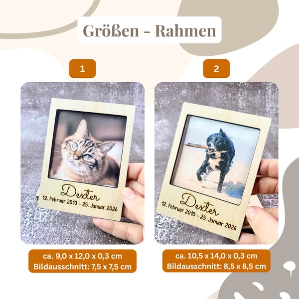 Polaroid Rahmen Holz mit Gravur und Erinnerungsglas | Haustier Fell Andenken Hund Katze | Trauergeschenk personalisiert