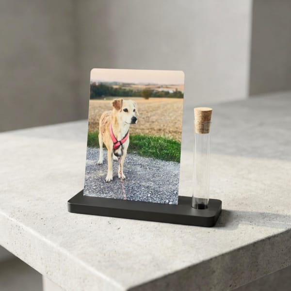 Haustier Andenken Fotohalter mit Erinnerungsglas | Hund Katze Fell Erinnerung personalisiert | Trauergeschenk Regenbogenbrücke – Bild 5