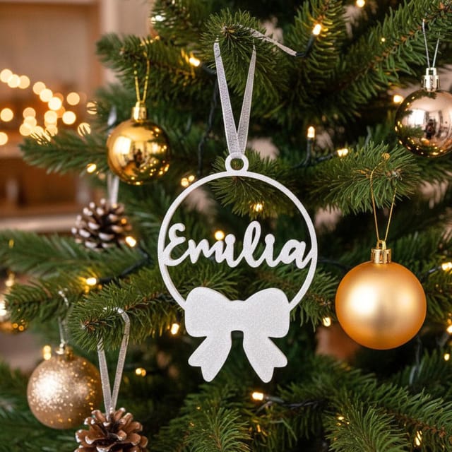 Christbaumkugel mit Name und Schleife aus PLA – personalisierter Weihnachtsanhänger Bild 1