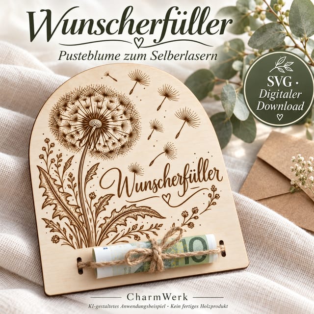 Wunscherfüller mit Pusteblume und Geldschein – KI-gestaltetes Hauptbild zur SVG-Laserdatei