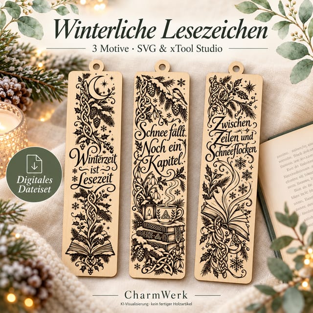 Drei winterliche Lesezeichen mit Lesesprüchen in einer winterlichen Buchszene – digitales Dateiset, KI-Visualisierung.