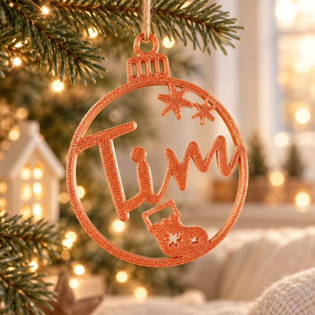 Personalisierte Christbaumkugel mit Namen – Motiv Stiefel & Sterne - 3D gedruckte Weihnachtsbaum Dekoration