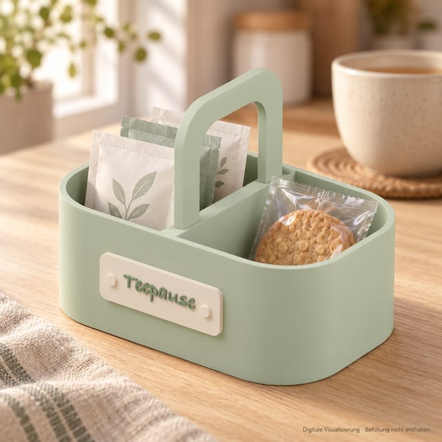 Salbeigrüner Teepause-Tragekorb mit Tee und Gebäck