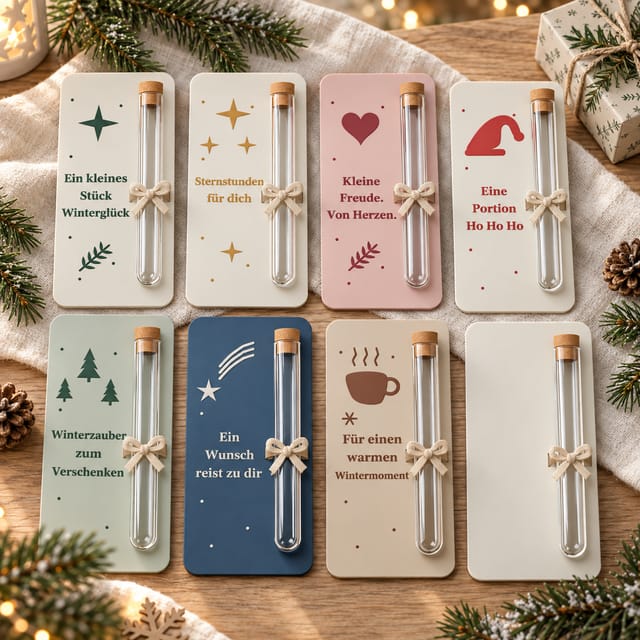 Acht winterliche Reagenzglas-Geschenkkarten mit Motiven und Sprüchen