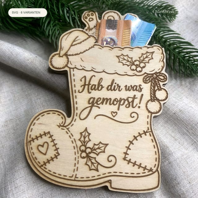 Weihnachtsmaus im Stiefel Geldgeschenk – SVG-Laserdatei mit 6 Spruchvarianten