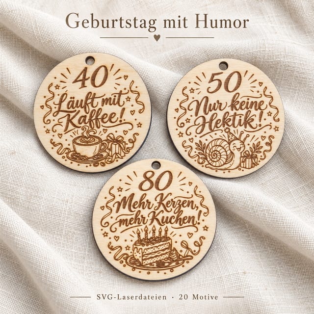 Runde Holz-Geschenkanhänger mit humorvollen Geburtstagssprüchen