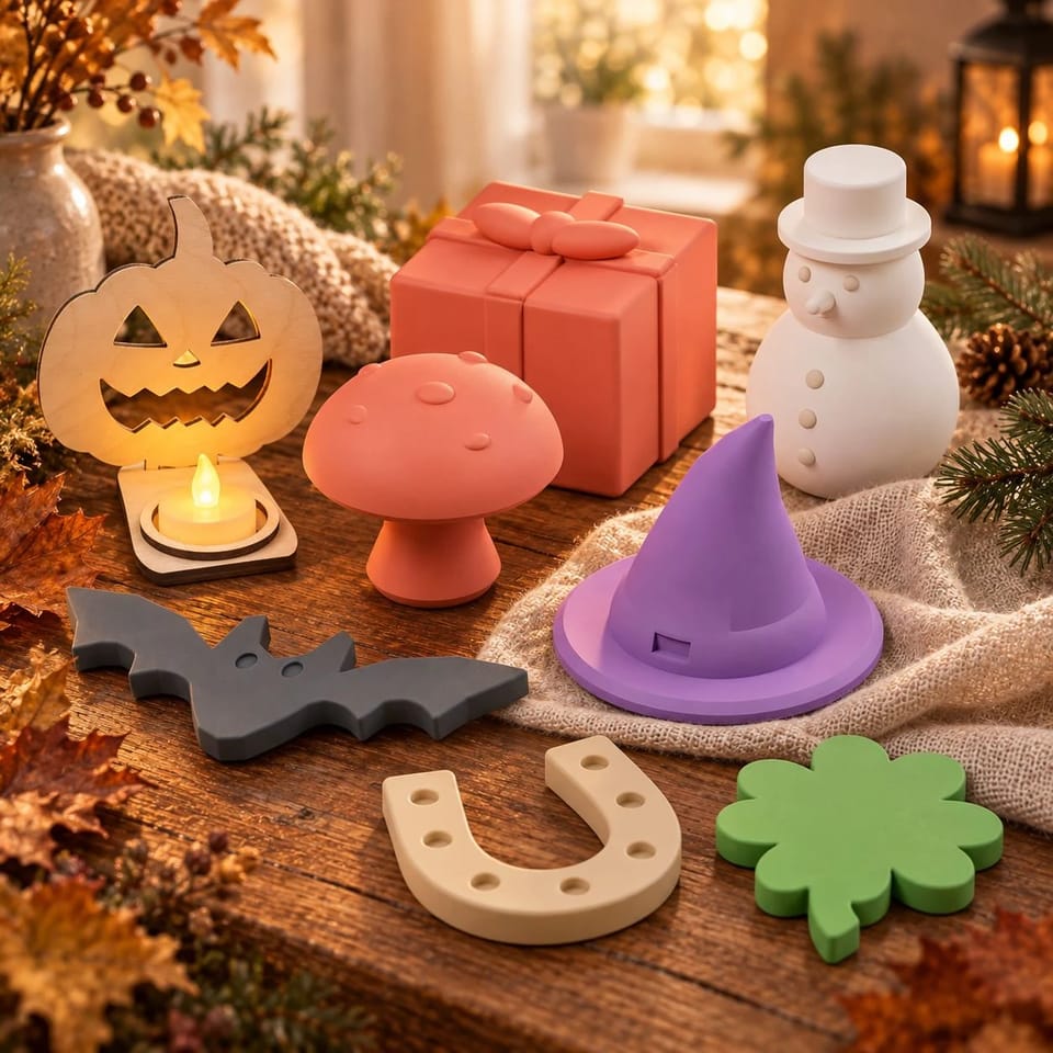 CharmWerk-Designs für jede Jahreszeit: Kürbislicht, Pilz, Geschenk, Schneemann, Fledermaus, Hexenhut, Hufeisen und Kleeblatt
