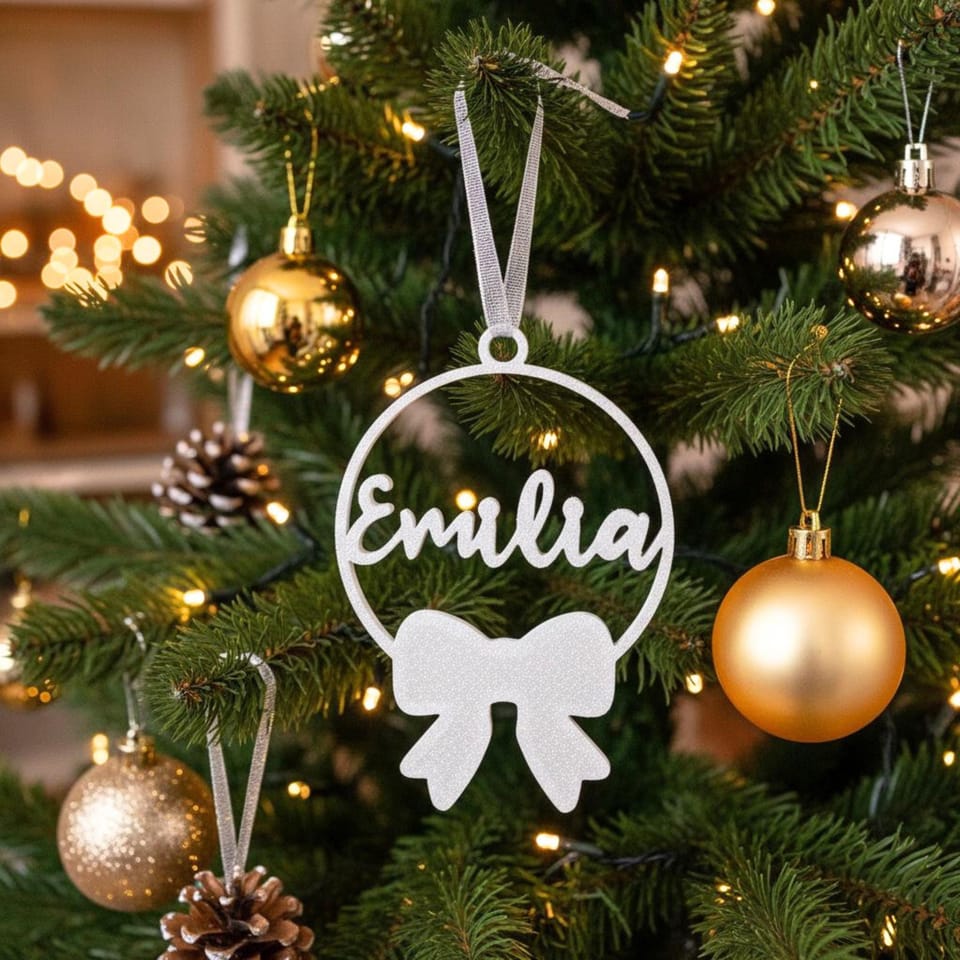 Christbaumkugel mit Name und Schleife aus PLA – personalisierter Weihnachtsanhänger Bild 1