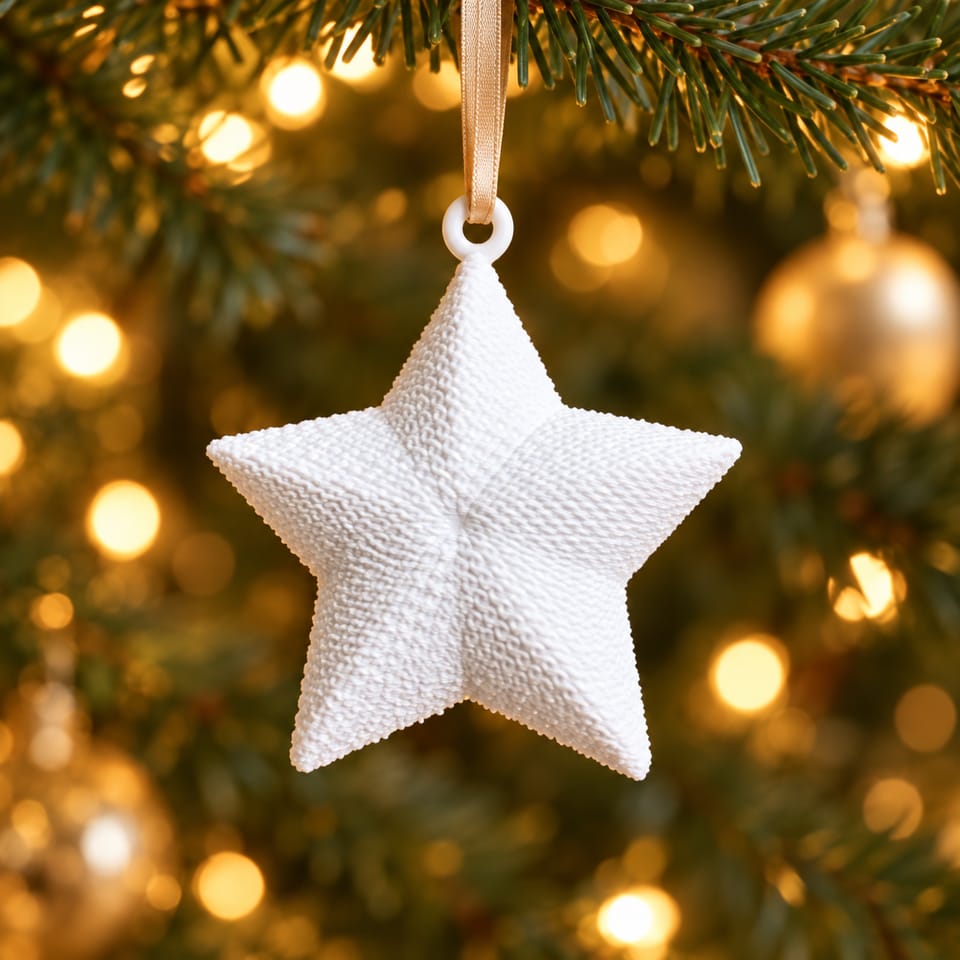 Weißer Kissenstern Häkeloptik am beigen Band durch die Öse im Weihnachtsbaum hängend – KI-bearbeitet nach Originalfoto