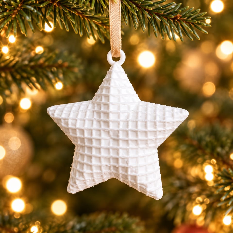 Weißer Kissenstern Waffelmuster am beigen Band durch die Öse im Weihnachtsbaum hängend – KI-bearbeitet nach Originalfoto