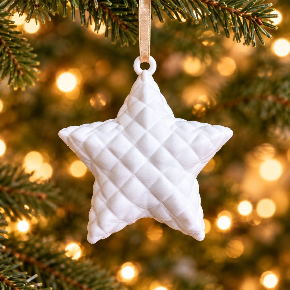 Weißer Kissenstern Steppkissen am beigen Band durch die Öse im Weihnachtsbaum hängend – KI-bearbeitet nach Originalfoto