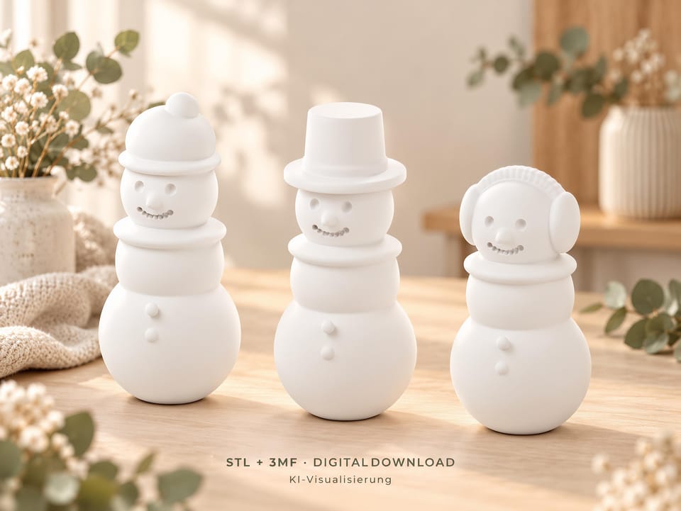 Drei weiße Schneefreunde mit Mütze, Zylinder und Ohrenschützern in einer gemütlichen Szene – KI-Visualisierung
