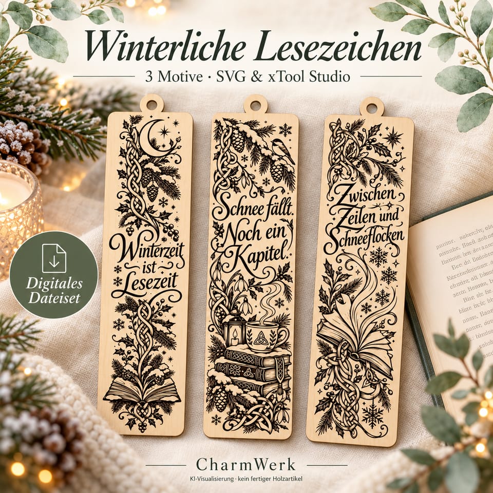 Drei winterliche Lesezeichen mit Lesesprüchen in einer winterlichen Buchszene – digitales Dateiset, KI-Visualisierung.