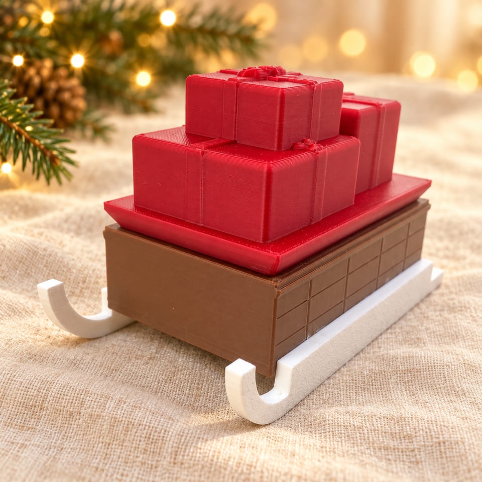 Geschenkschlitten mit braunem Geheimfach, rotem Geschenkdeckel und weißen Kufen auf cremefarbenem Leinen vor warmen Weihnachtslichtern und Tannengrün.