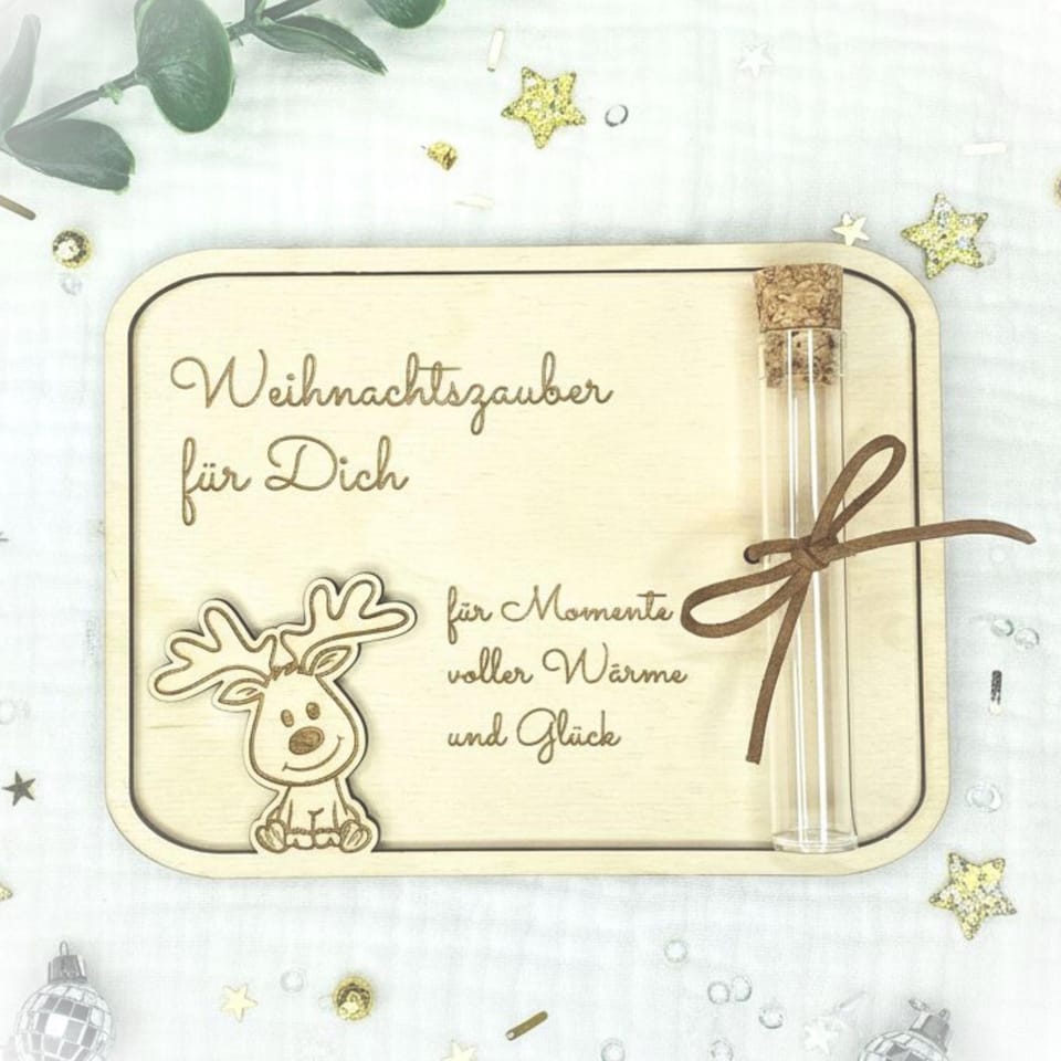 Geldgeschenk Weihnachten Holz Reagenzglas, personalisiertes Weihnachtsgeschenk Gravur, Gutschein Verpackung, Geschenkidee, 16x12 cm