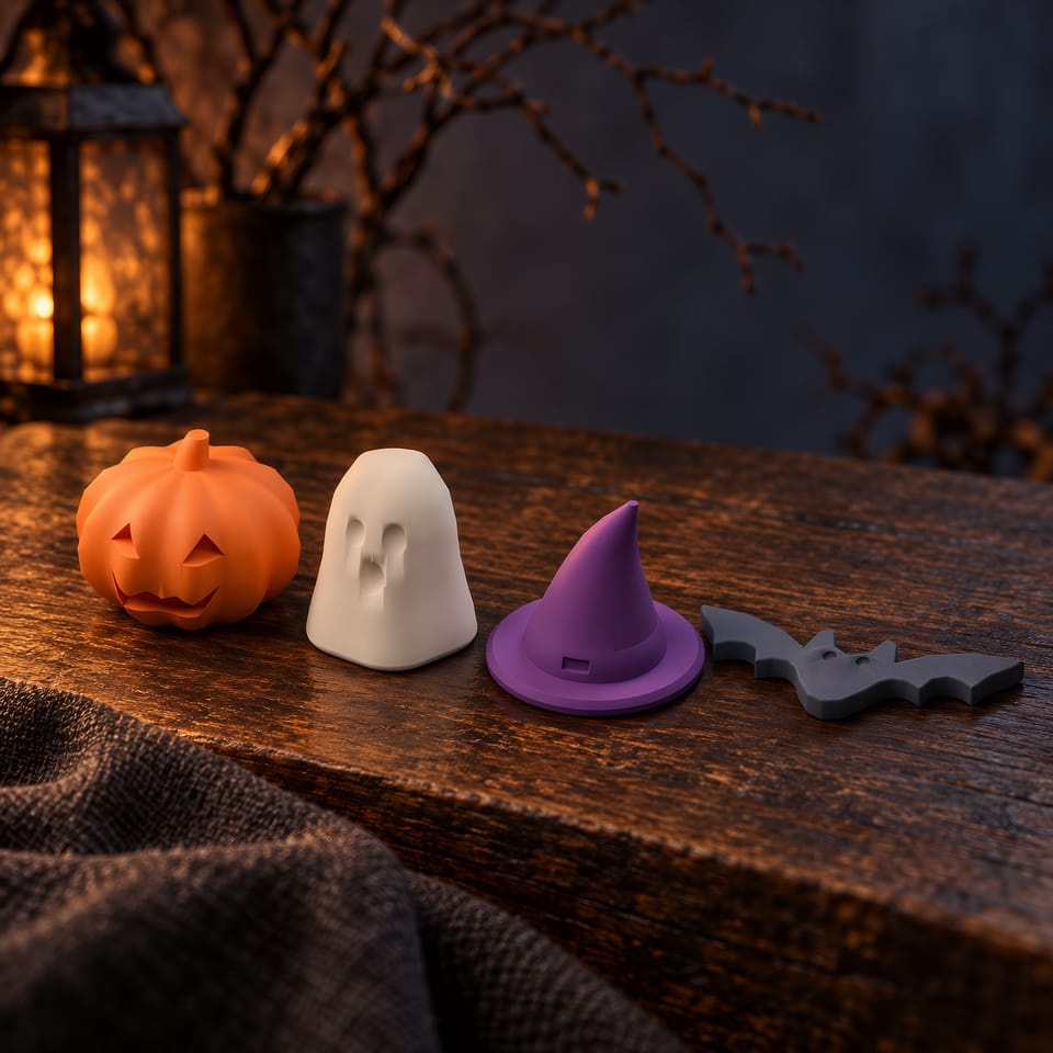 Kürbis, Geist, Hexenhut und Fledermaus als Halloween-Dekoration