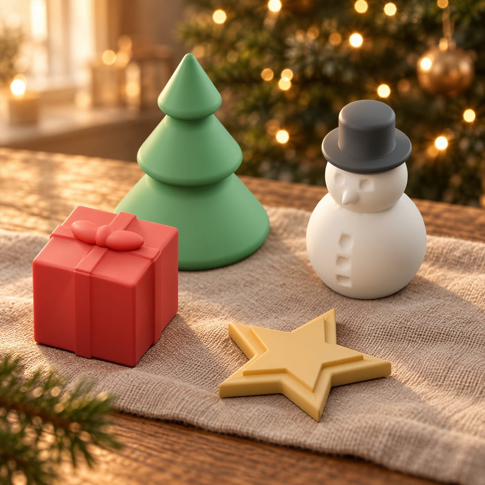 Tannenbaum, Schneemann, Geschenkpaket und Stern als Weihnachtsdekoration