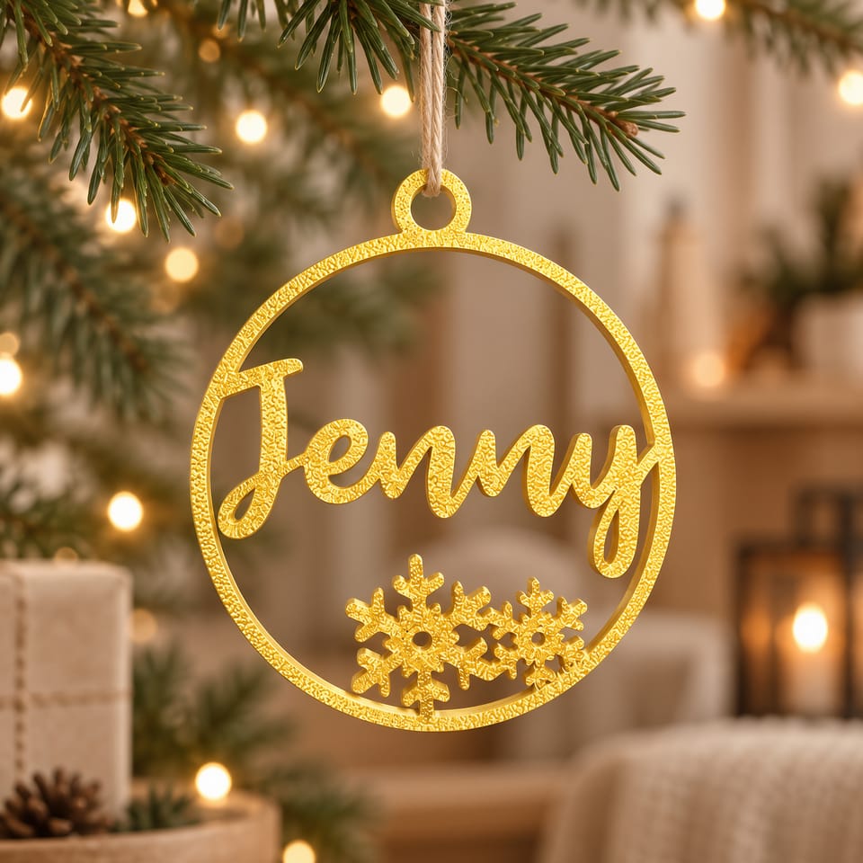 Goldfarbener Weihnachtsanhänger mit Namen und Schneeflocken am Tannenzweig