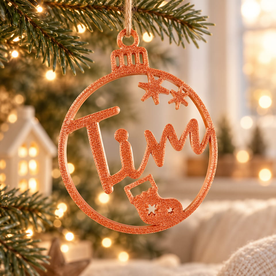 Kupferfarbene Weihnachtskugel mit Namen, Stiefel und Sternen am Baum
