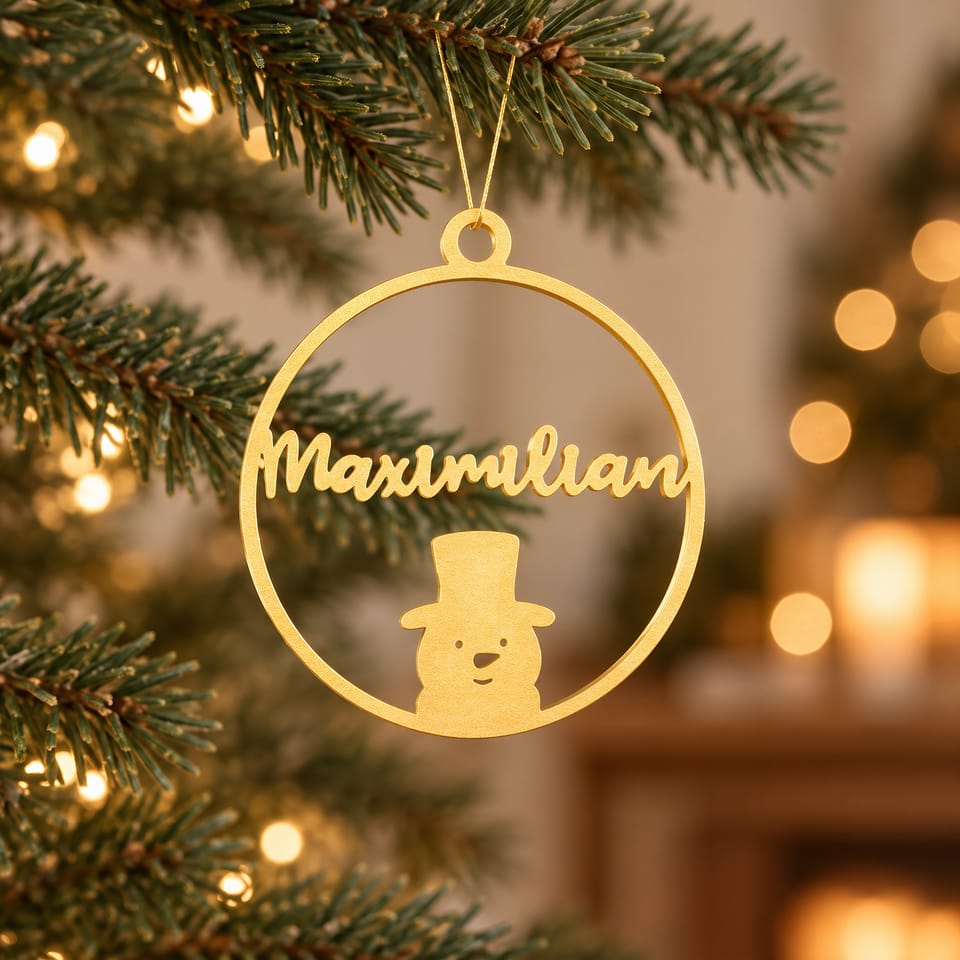 Goldfarbener Christbaumanhänger mit Namen und Schneemann am Tannenzweig