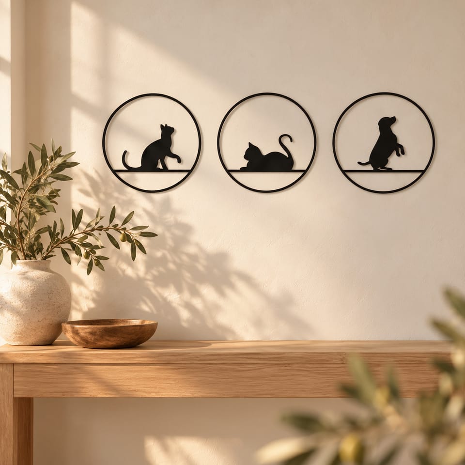 Drei runde Tier-Silhouetten mit Katzen- und Hundemotiv an einer Wand
