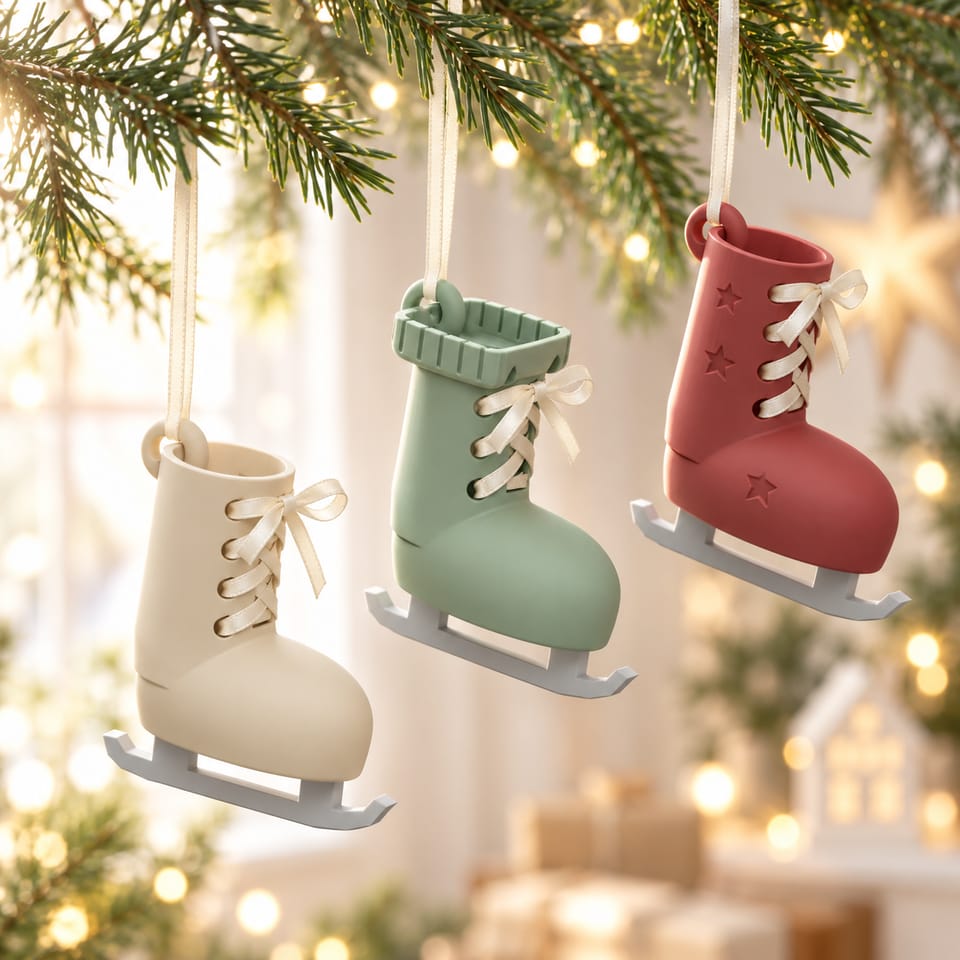 Drei Deko-Schlittschuhe in Creme, Grün und Rot an Tannenzweigen