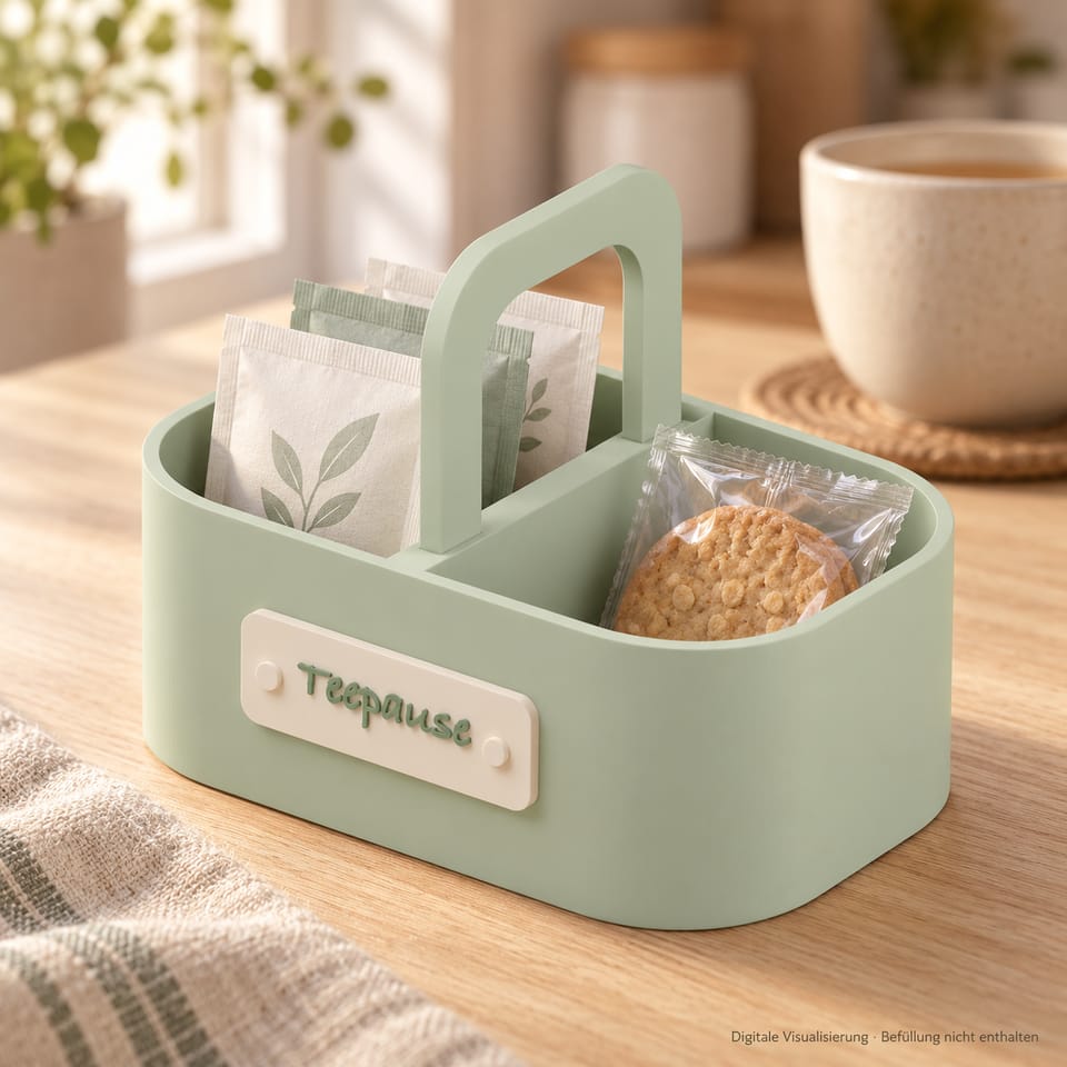 Salbeigrüner Teepause-Tragekorb mit Tee und Gebäck
