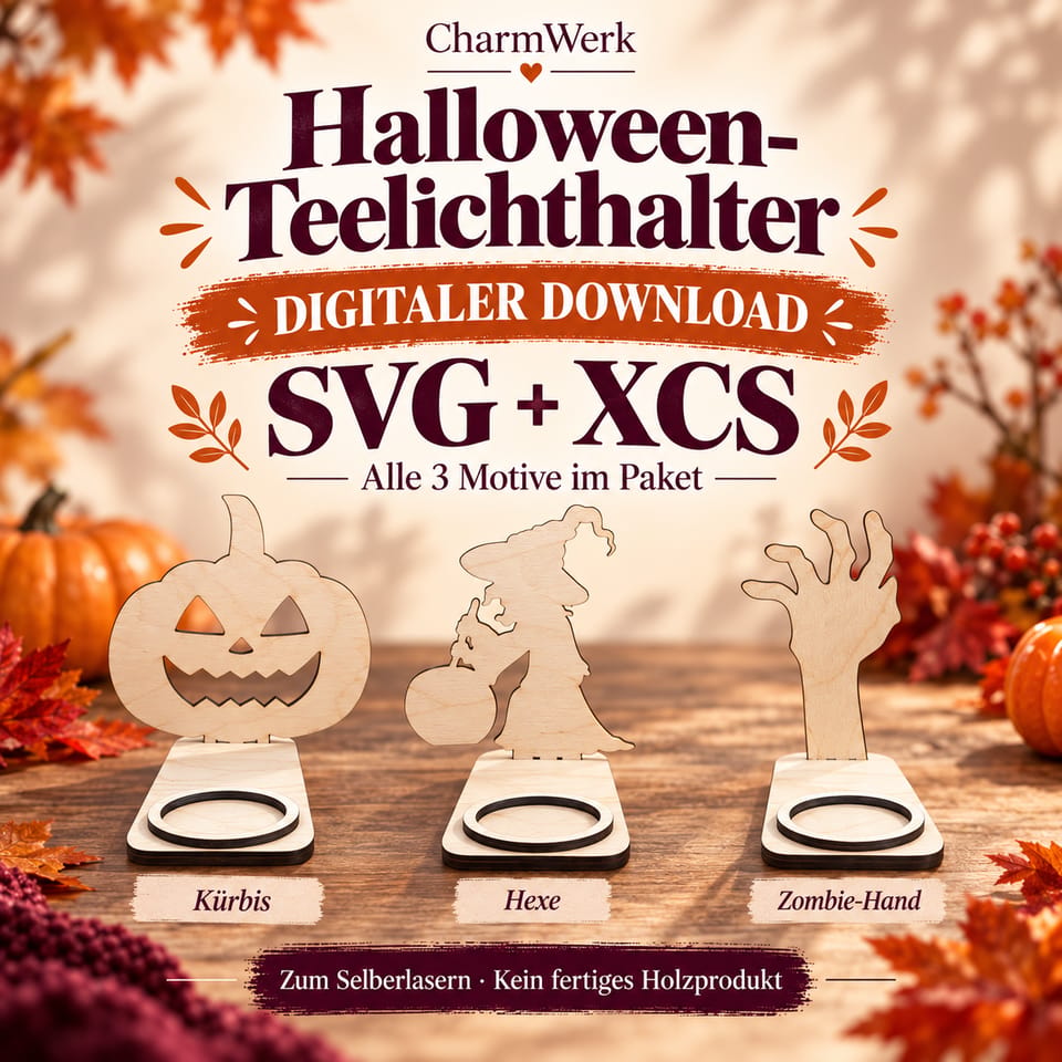 Übersicht der Halloween-Teelichthalter Kürbis, Hexe und Zombie-Hand als SVG- und XCS-Download