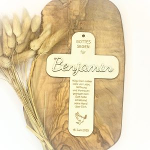 Personalisiertes Kreuz mit Name und Spruch – Taufe, Kommunion, Konfirmation, Firmung – Geschenk Holz Segenskreuz Taufkreuz