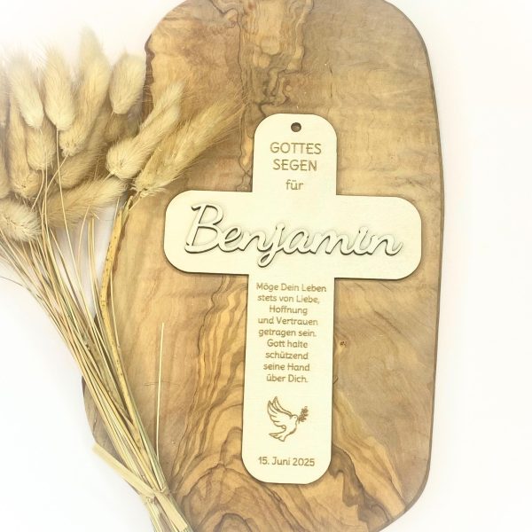 Personalisiertes Kreuz mit Name und Spruch – Taufe, Kommunion, Konfirmation, Firmung – Geschenk Holz Segenskreuz Taufkreuz