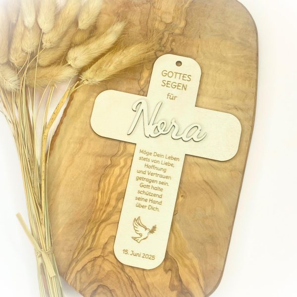 Personalisiertes Kreuz mit Name und Spruch – Taufe, Kommunion, Konfirmation, Firmung – Geschenk Holz Segenskreuz Taufkreuz