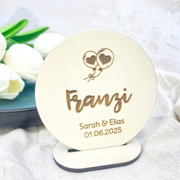 Tischkarte Hochzeit Holz personalisiert – Platzkarte mit Namen u. Hochzeitsdatum – Gastgeschenk nachhaltige Tischdeko mit Gravur - Taufe
