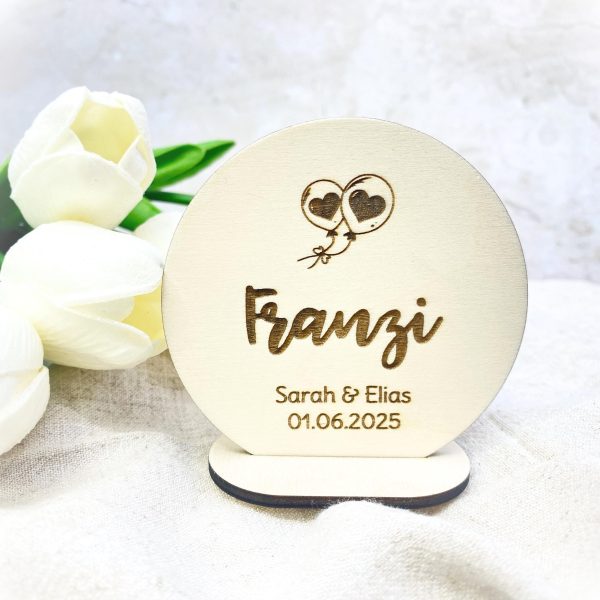 Tischkarte Hochzeit Holz personalisiert – Platzkarte mit Namen u. Hochzeitsdatum – Gastgeschenk nachhaltige Tischdeko mit Gravur - Taufe